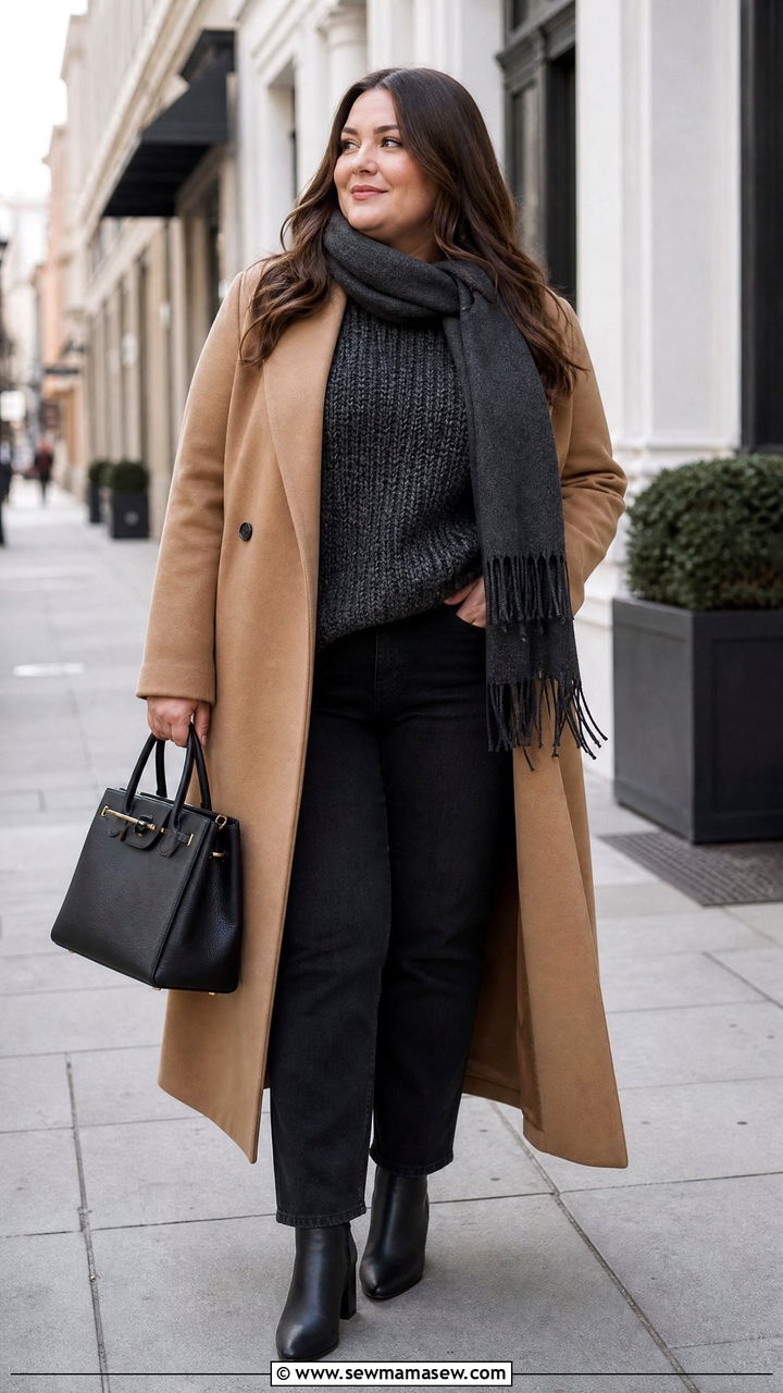 Plus Size Chunky Knit Sweater With Long Coat - 20 plus size chunky knit sweater outfit ideas
