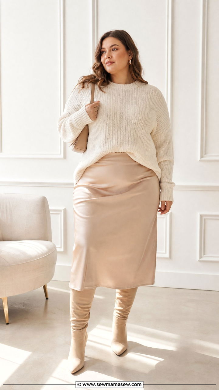 Plus Size Chunky Knit Sweater With Midi Skirt - 20 plus size chunky knit sweater outfit ideas