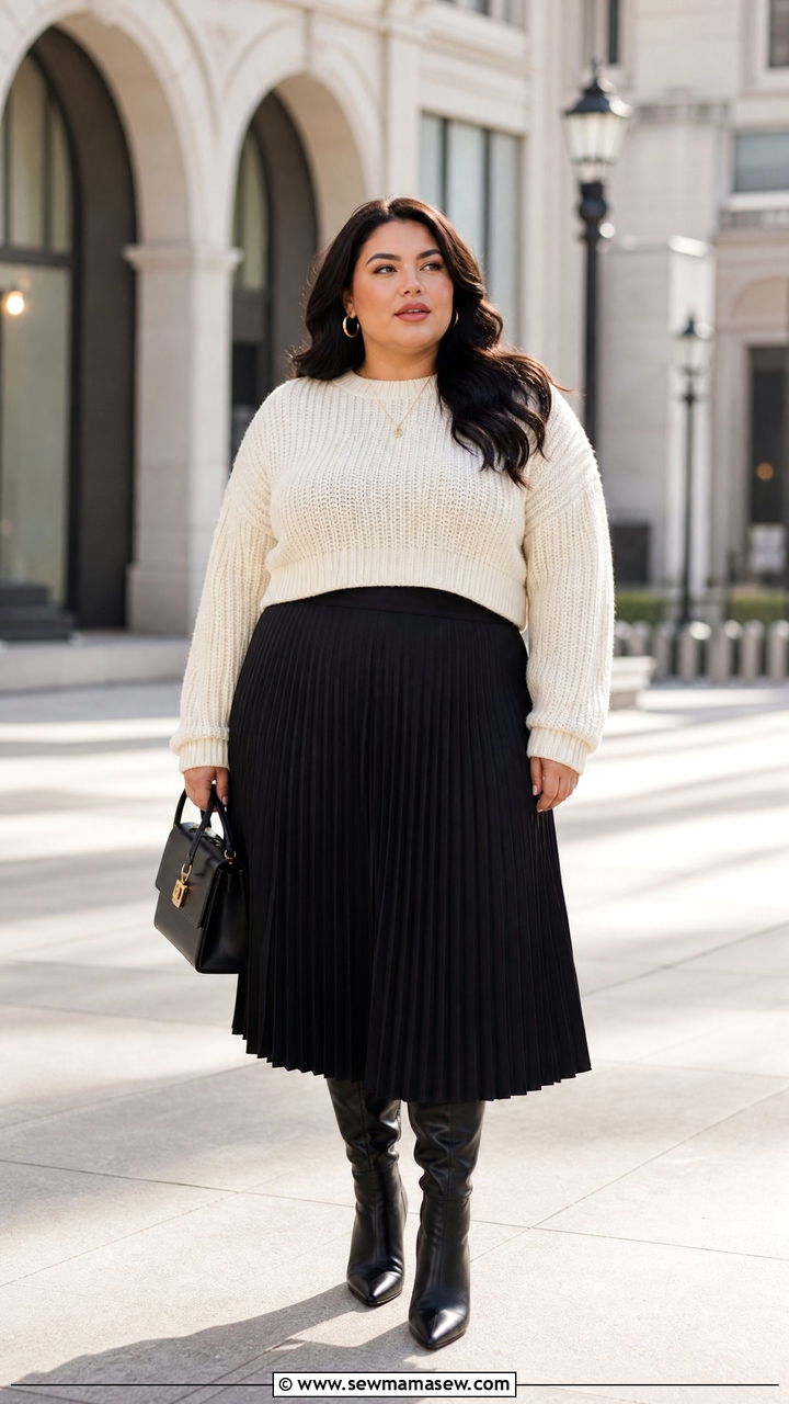 Plus Size Chunky Knit Sweater With Pleated Skirt - 20 plus size chunky knit sweater outfit ideas