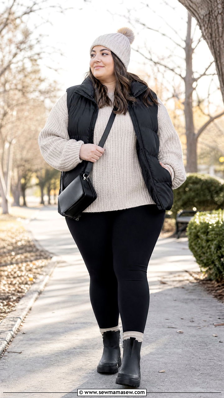 Plus Size Chunky Knit Sweater With Puffer Vest - 20 plus size chunky knit sweater outfit ideas