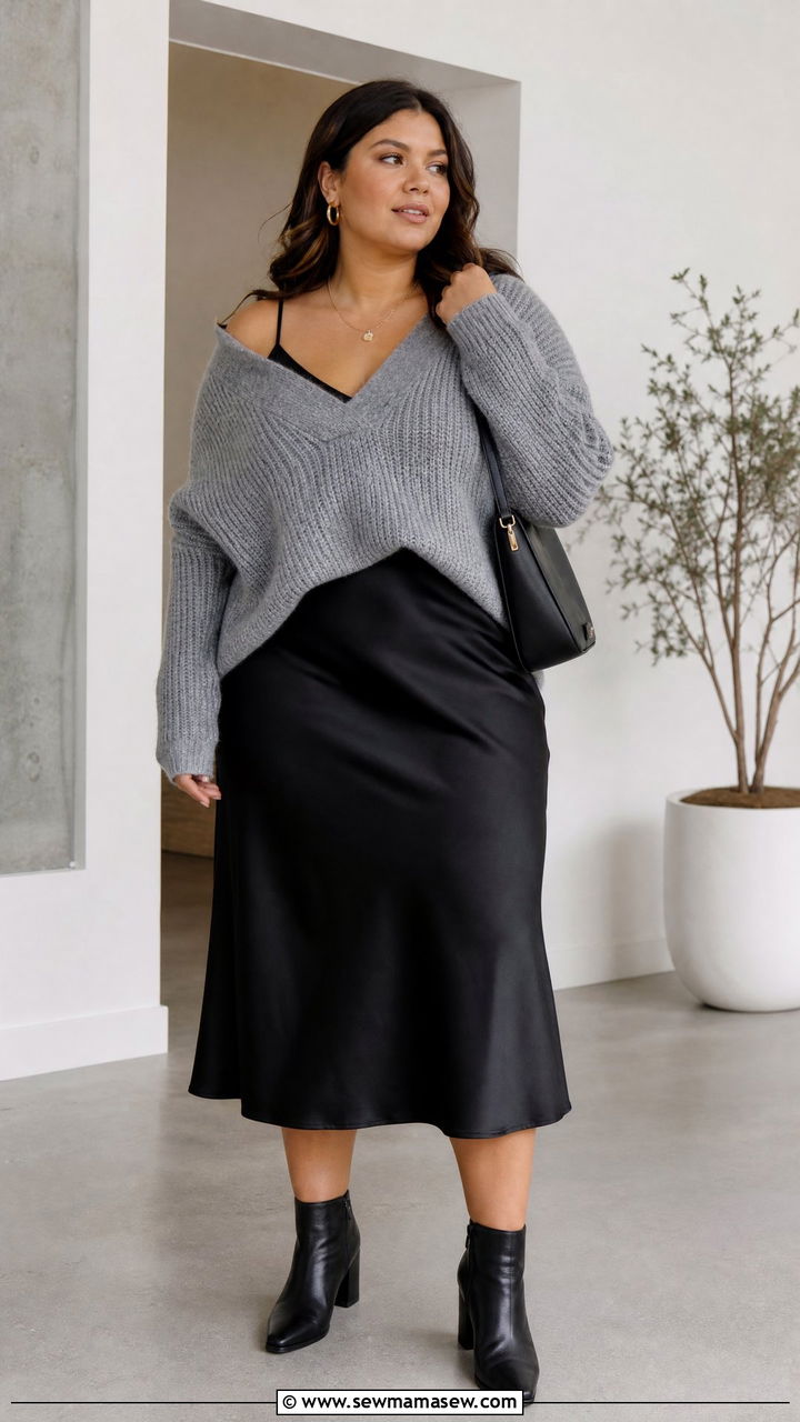 Plus Size Chunky Knit Sweater With Slip Dress - 20 plus size chunky knit sweater outfit ideas