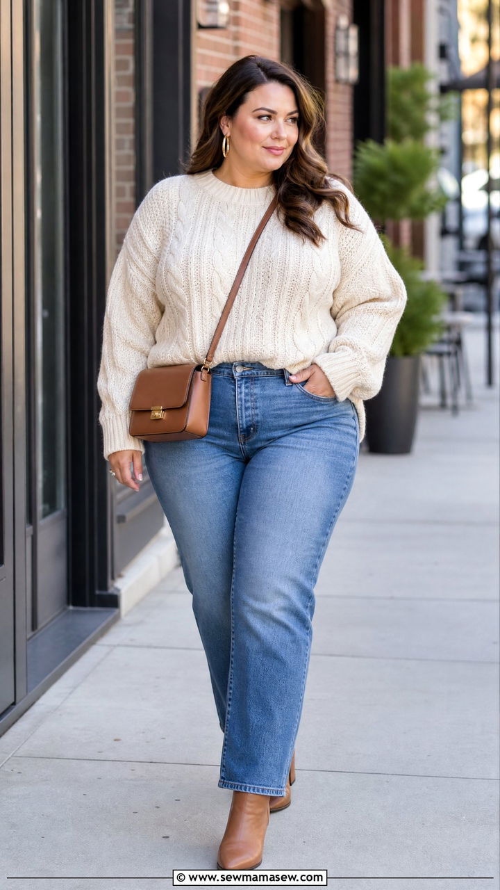 Plus Size Chunky Knit Sweater With Straight Leg Jeans - 20 plus size chunky knit sweater outfit ideas
