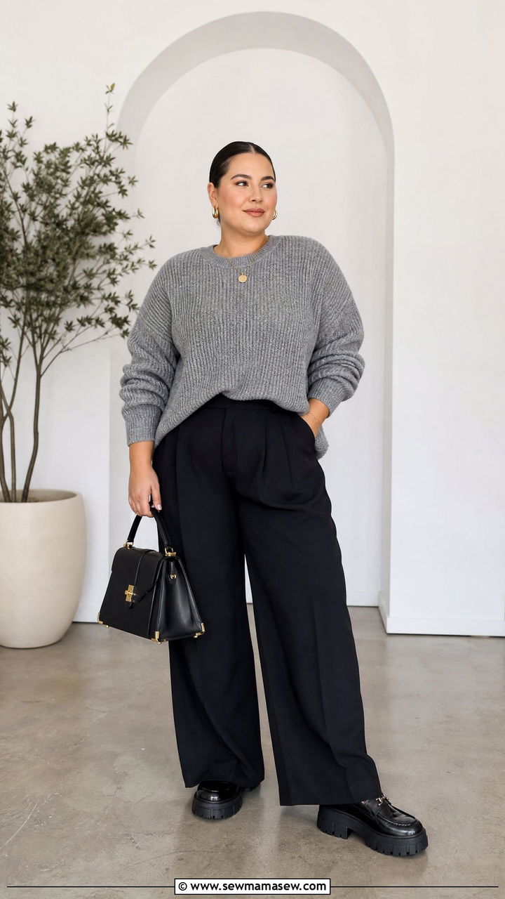 Plus Size Chunky Knit Sweater With Wide Leg Pants - 20 plus size chunky knit sweater outfit ideas