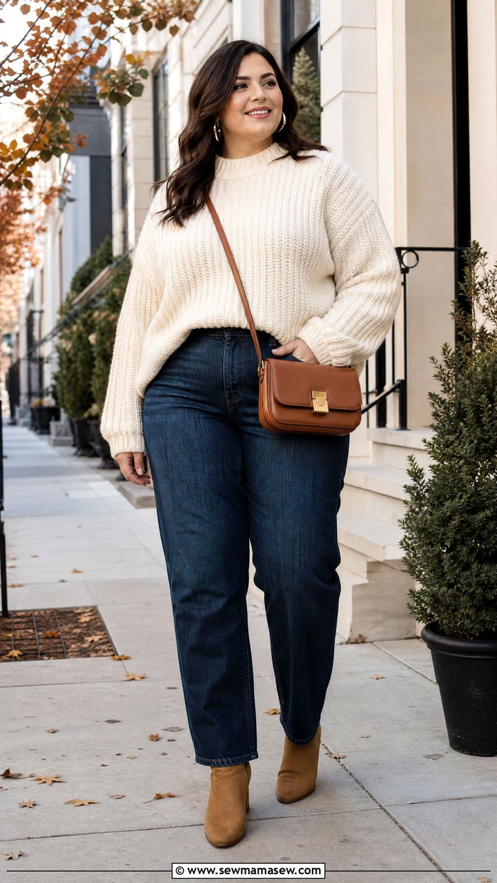 Plus Size Chunky Sweater With Straight Leg Jeans - 20 plus size sweater weather outfit ideas