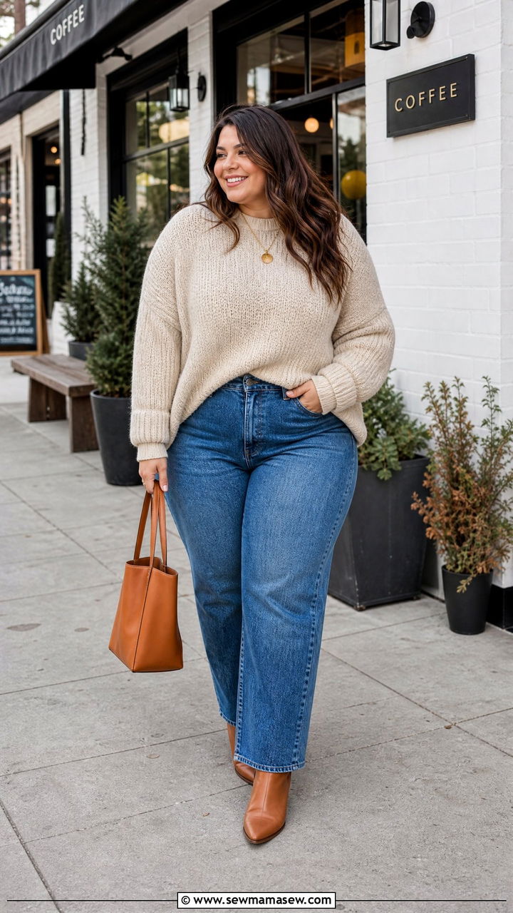 Plus Size Chunky Sweater With Straight Leg Jeans - 20 plus size fall sweater outfit ideas