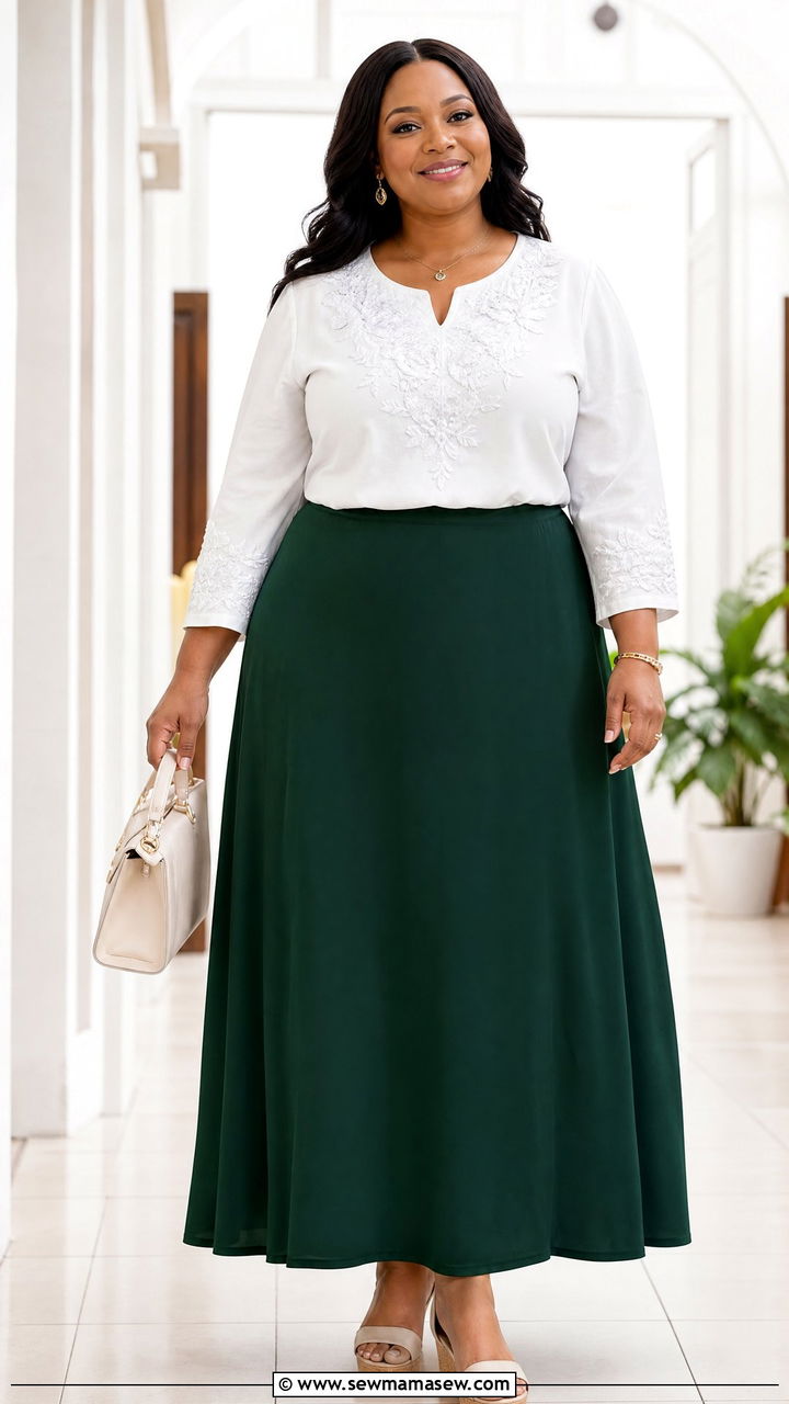 Plus Size Church Embroidered Top With Solid Maxi Skirt - 20 plus size church tops outfit ideas