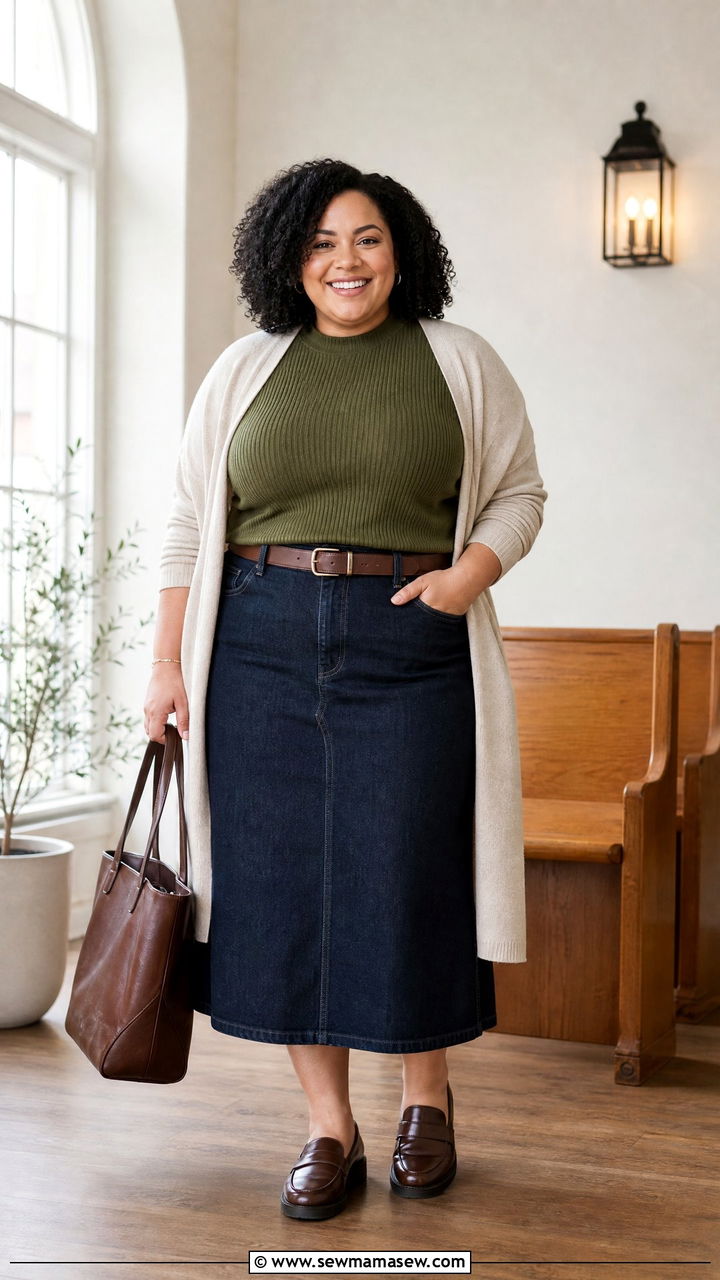 Plus Size Church Knit Top With Midi Denim Skirt - 20 plus size church tops outfit ideas