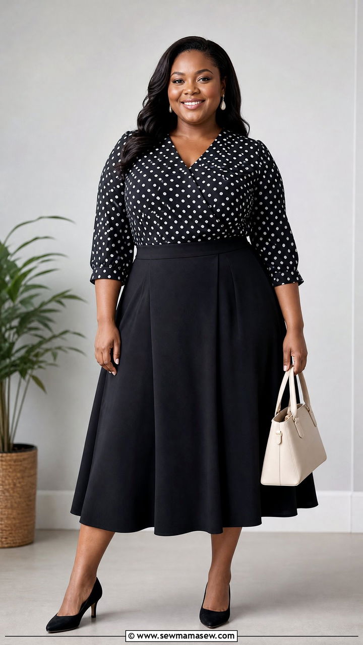 Plus Size Church Polka Dot Top With Black Skirt - 20 plus size church tops outfit ideas