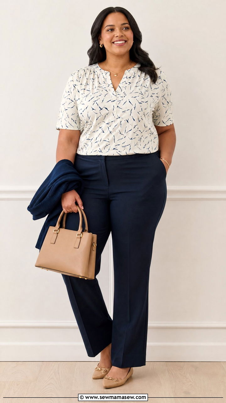 Plus Size Church Printed Blouse With Navy Pants - 20 plus size church tops outfit ideas