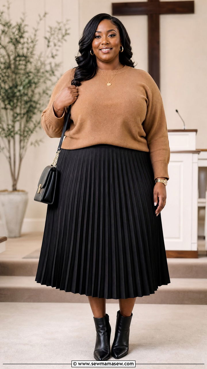 Plus Size Church Sweater Top With Pleated Skirt - 20 plus size church tops outfit ideas