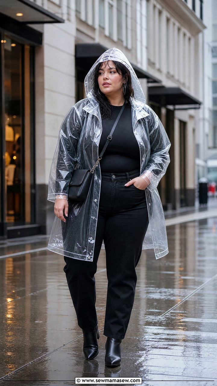 Plus Size Clear Raincoat With Monochrome Outfit - 20 plus size raincoat outfit ideas