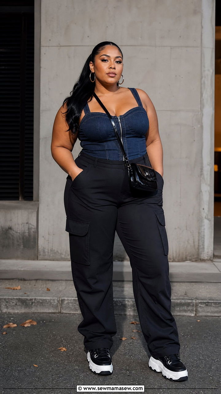 Plus Size Club Denim Corset And Cargo Pants Outfit - 20 plus size club outfit ideas