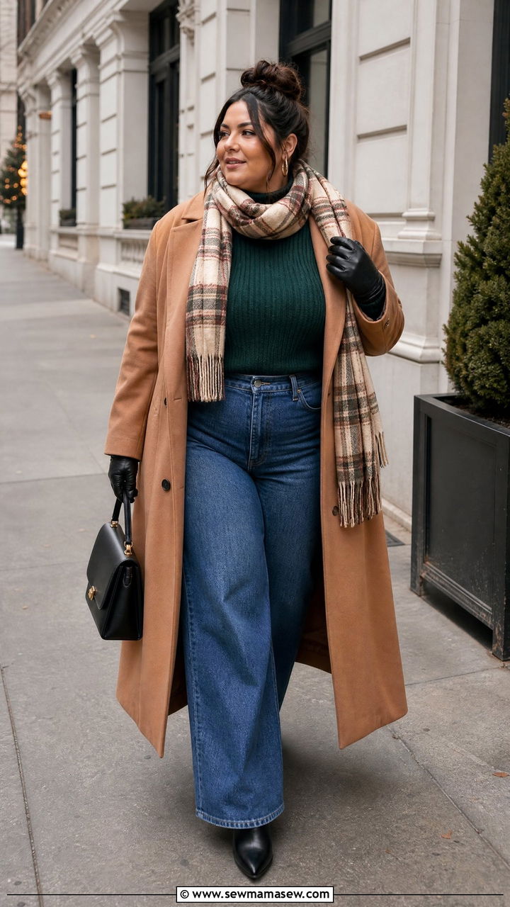 Plus Size Coat With Sweater And Wide Leg Jeans - 20 plus size sweater weather outfit ideas