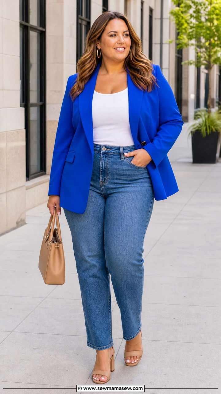 Plus Size Cobalt Blazer And Jeans Outfit - 20 plus size spring fashion outfit ideas