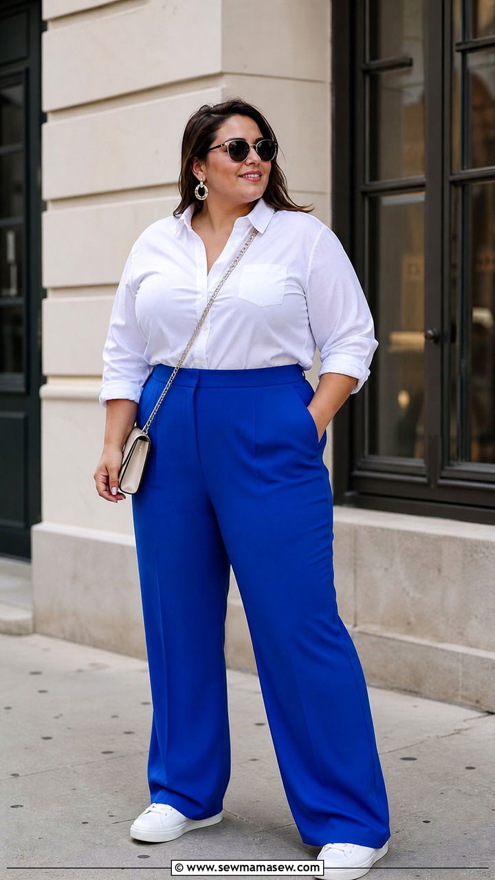 Plus Size Cobalt Blue Wide Leg Pants Outfit - 20 plus size bright color outfit ideas