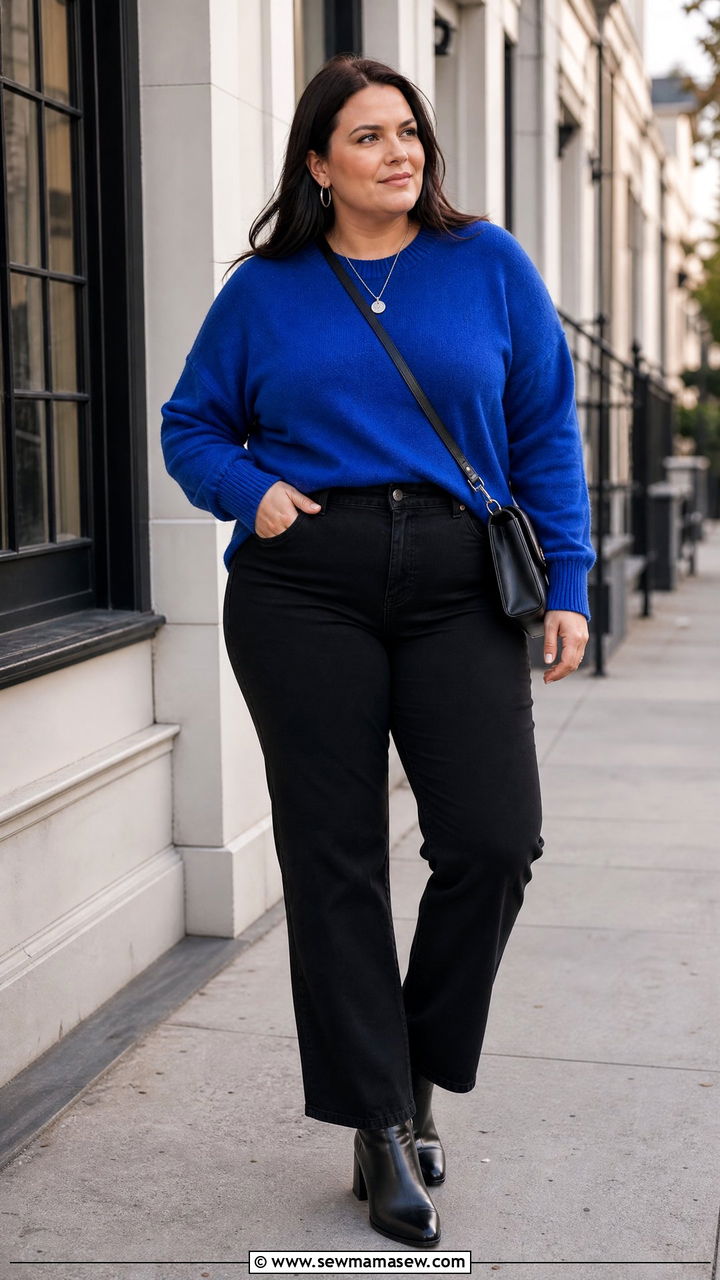 Plus Size Cobalt Sweater And Black Jeans Outfit - 20 plus size jewel tone outfit ideas