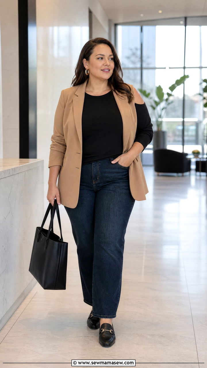 Plus Size Cold Shoulder Top With Blazer And Jeans - 20 plus size cold shoulder top outfit ideas