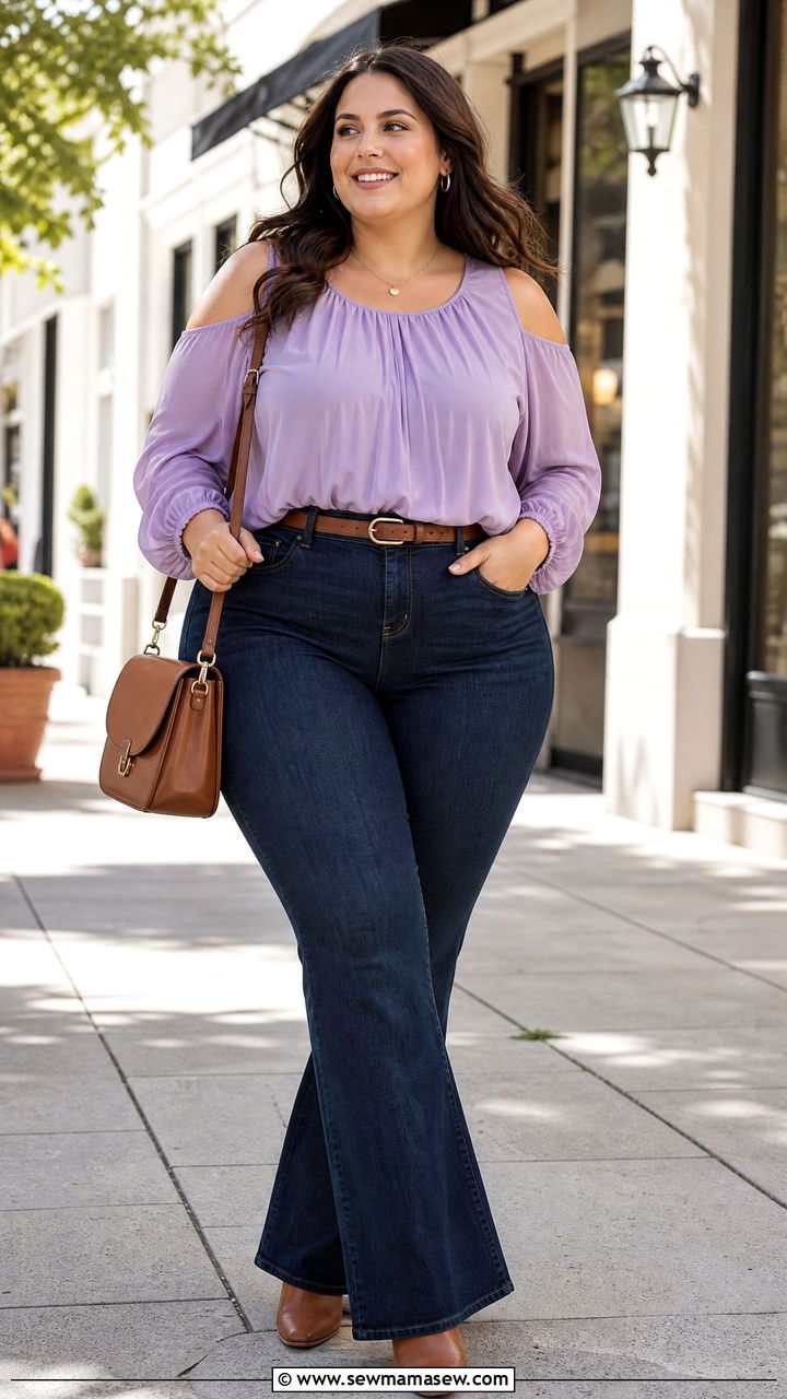 Plus Size Cold Shoulder Top With Bootcut Jeans - 20 plus size cold shoulder top outfit ideas