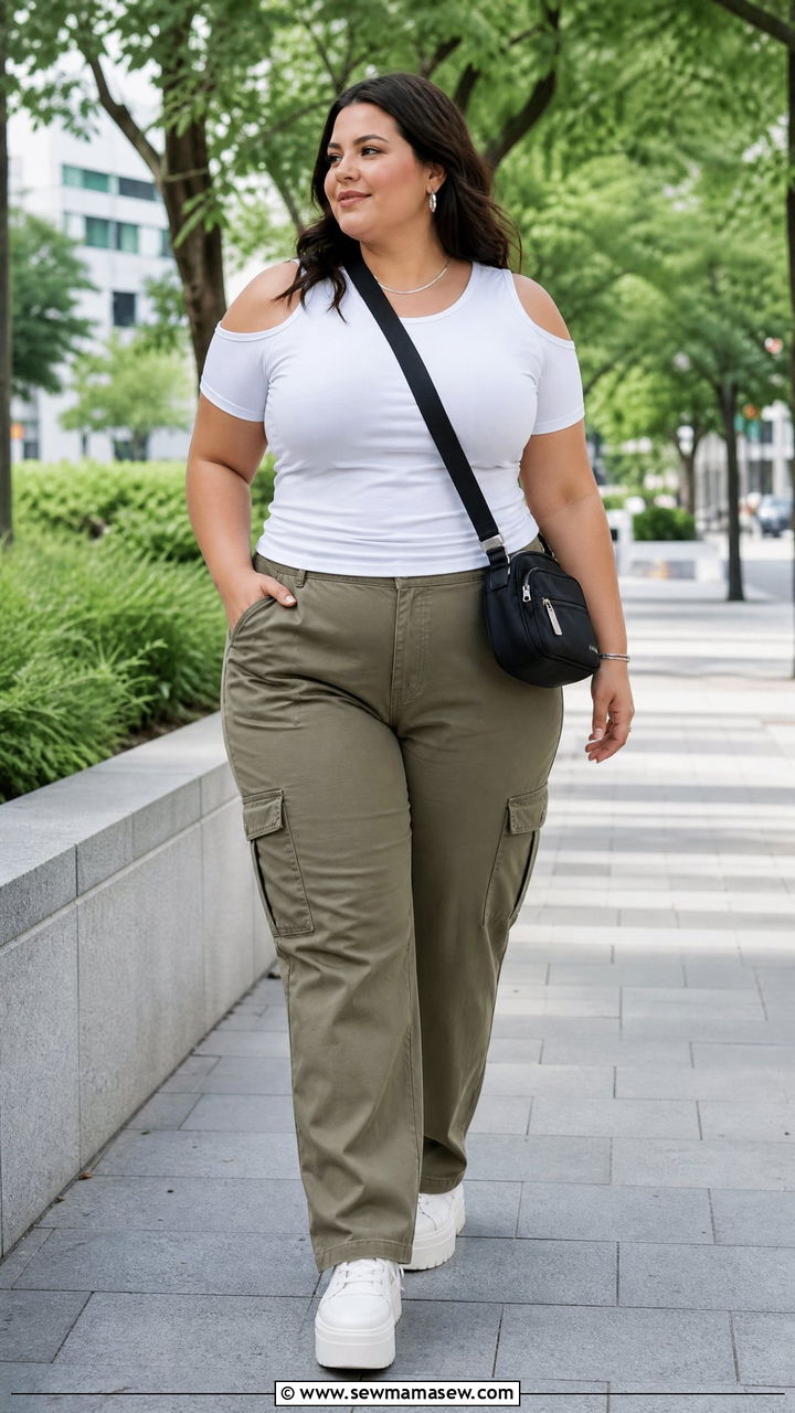 Plus Size Cold Shoulder Top With Cargo Pants - 20 plus size cold shoulder top outfit ideas