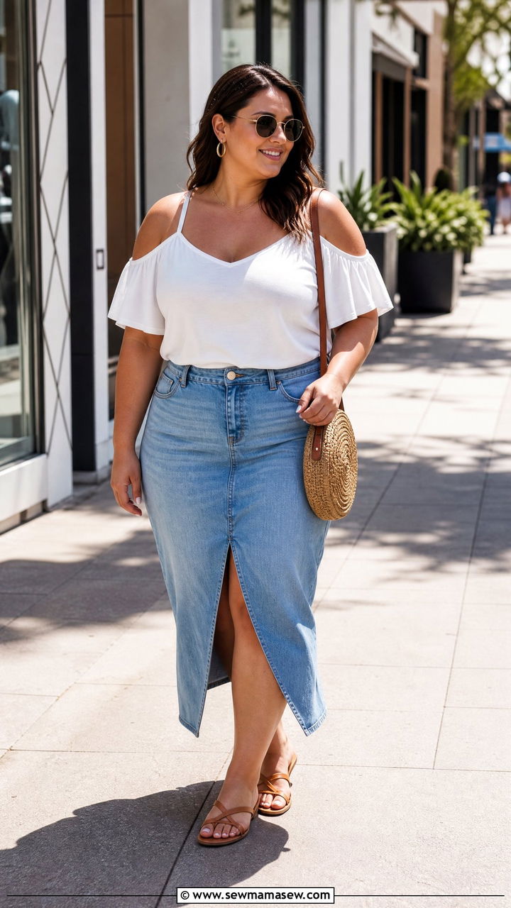 Plus Size Cold Shoulder Top With Denim Skirt - 20 plus size cold shoulder top outfit ideas