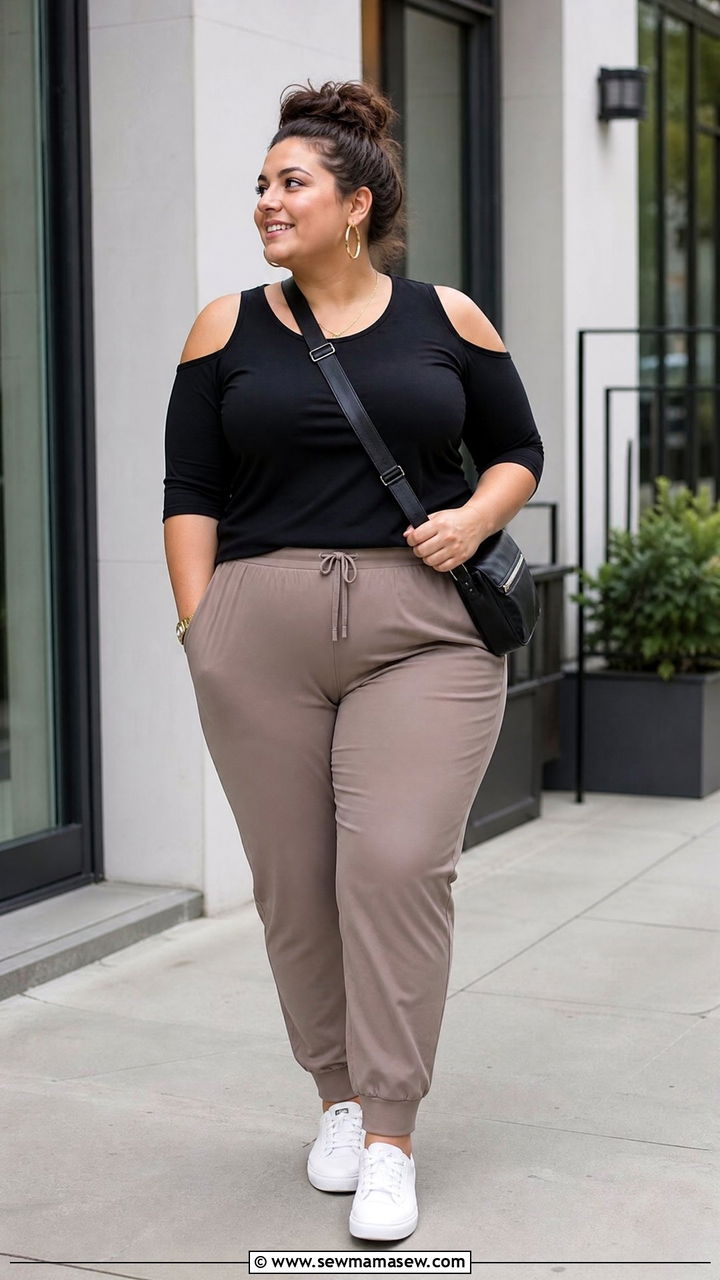 Plus Size Cold Shoulder Top With Joggers - 20 plus size cold shoulder top outfit ideas