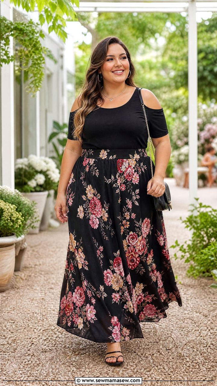 Plus Size Cold Shoulder Top With Maxi Skirt - 20 plus size cold shoulder top outfit ideas