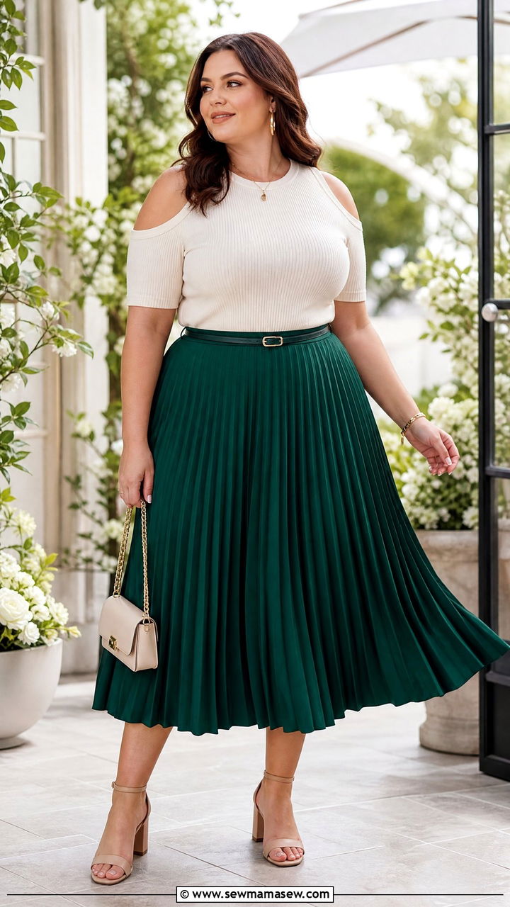 Plus Size Cold Shoulder Top With Pleated Skirt - 20 plus size cold shoulder top outfit ideas