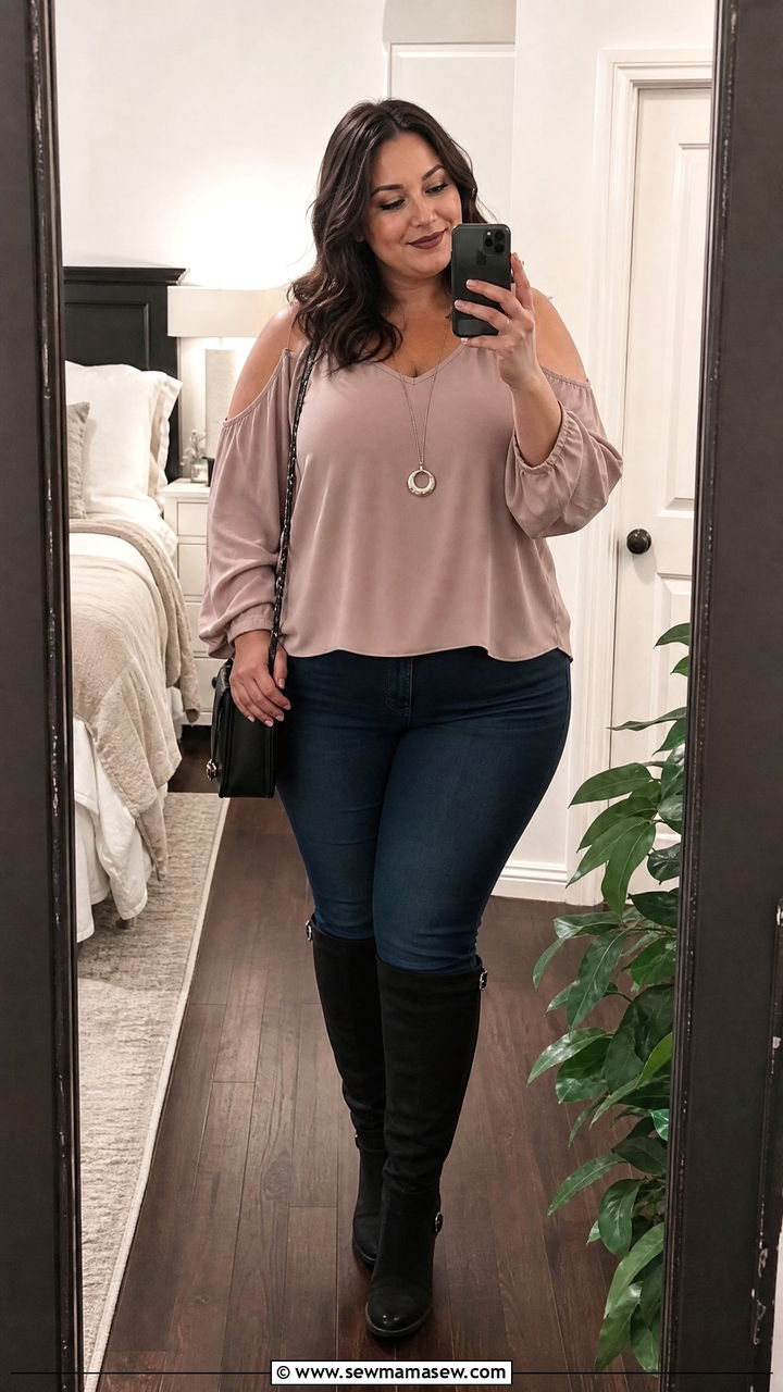 Plus Size Cold Shoulder Top With Skinny Jeans - 20 plus size date night top outfit ideas