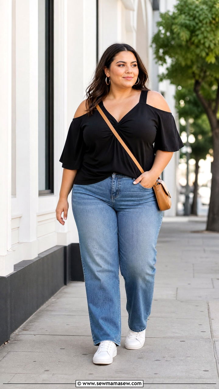 Plus Size Cold Shoulder Top With Straight Leg Jeans - 20 plus size cold shoulder top outfit ideas