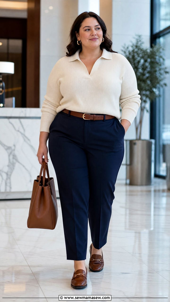 Plus Size Collared Knit Top With Trousers - 20 plus size tops for big bust outfit ideas