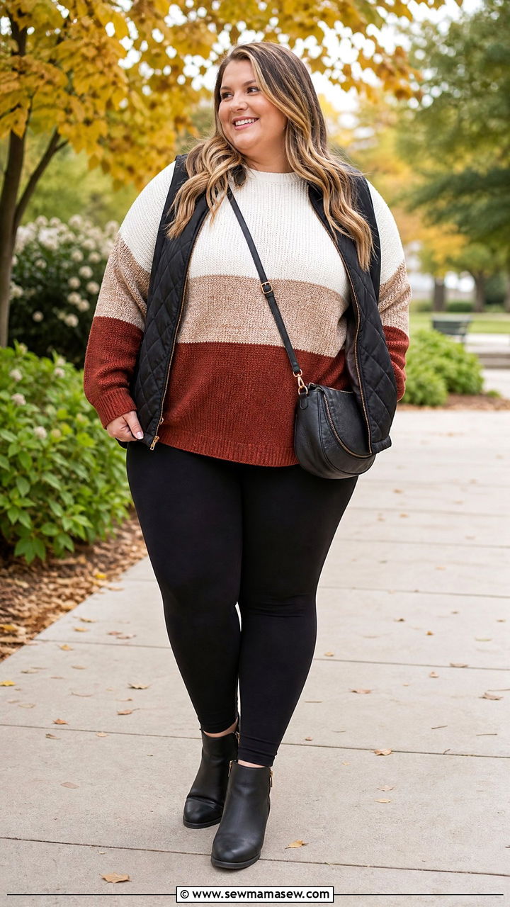 Plus Size Color Block Sweater With Leggings - 20 plus size color block top outfit ideas