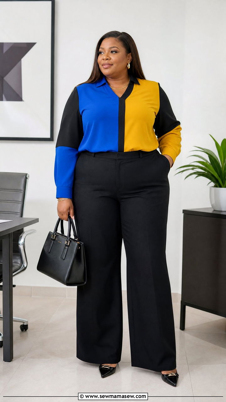 Plus Size Color Block Top With Black Wide Leg Pants - 20 plus size color block top outfit ideas