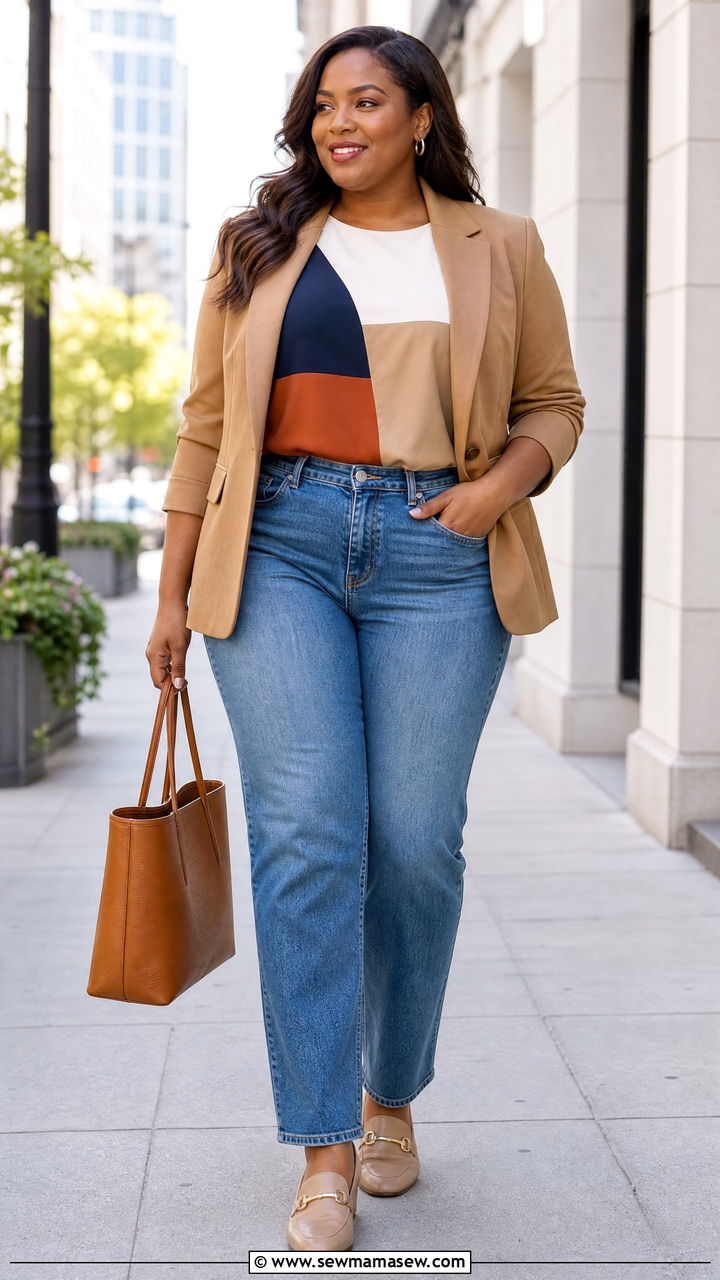 Plus Size Color Block Top With Blue Jeans And Blazer - 20 plus size color block top outfit ideas