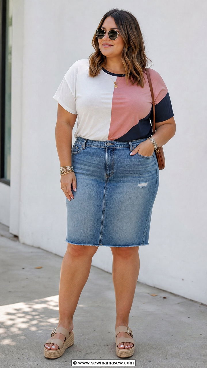 Plus Size Color Block Top With Denim Skirt - 20 plus size color block top outfit ideas