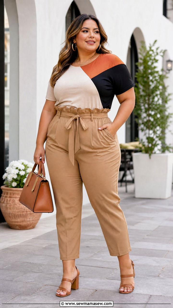 Plus Size Color Block Top With Paperbag Pants - 20 plus size color block top outfit ideas