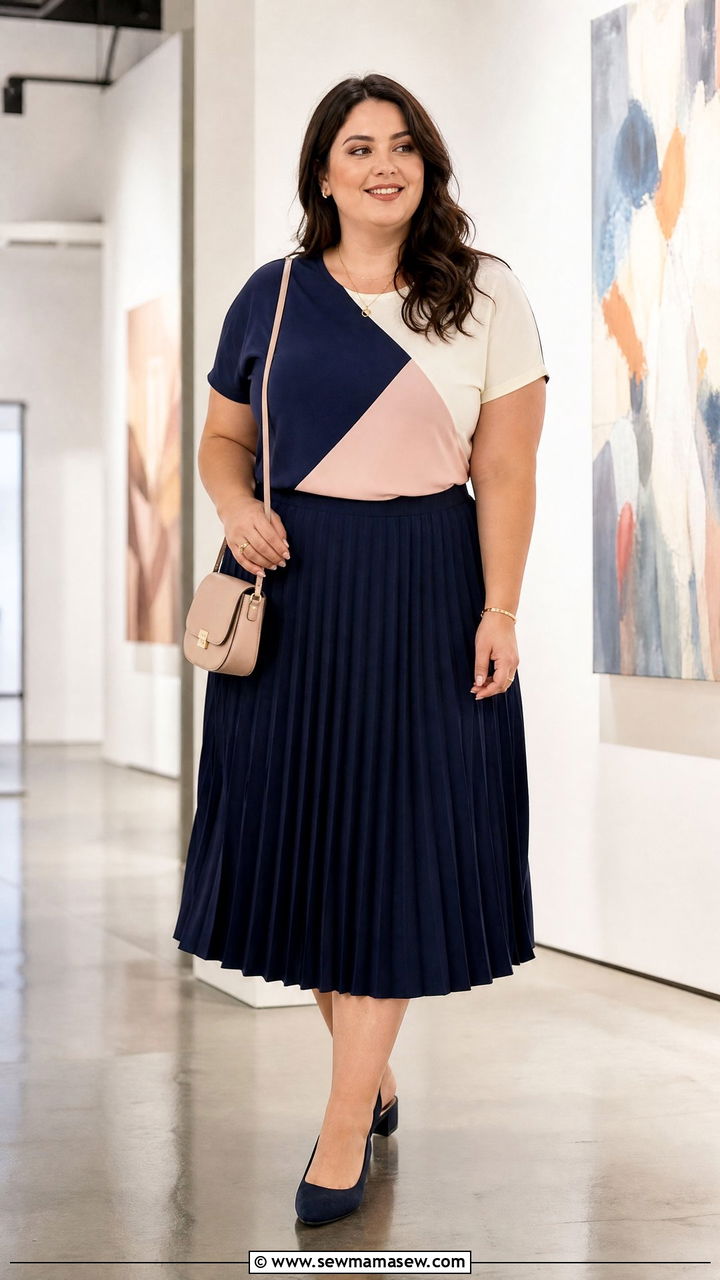 Plus Size Color Block Top With Pleated Skirt - 20 plus size color block top outfit ideas