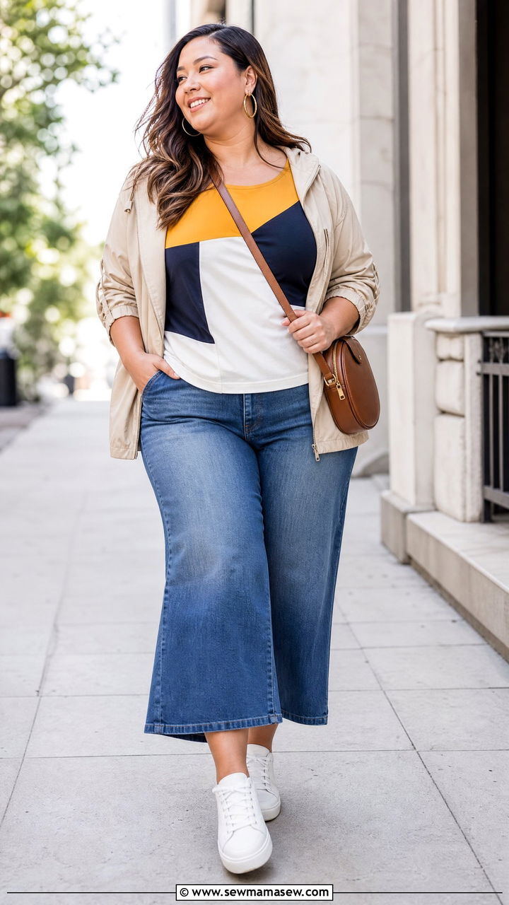 Plus Size Color Block Top With White Sneakers - 20 plus size color block top outfit ideas