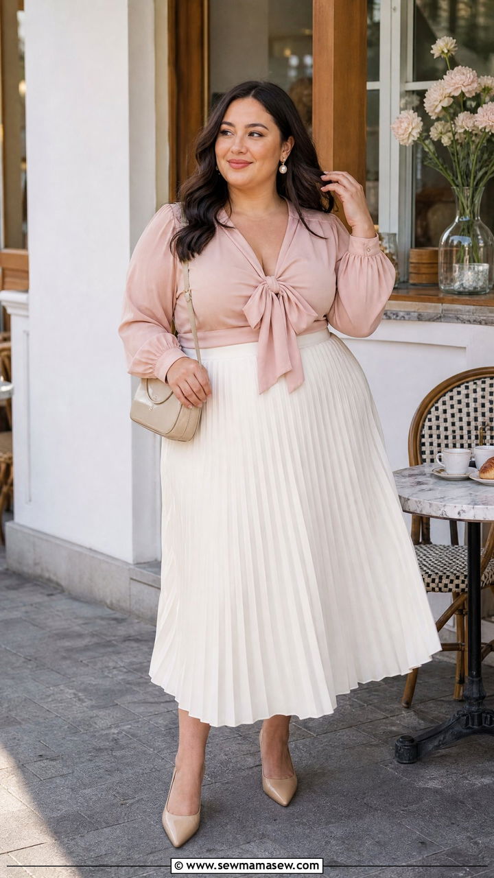 Plus Size Coquette Bow Top With Midi Skirt - 20 plus size coquette top outfit ideas