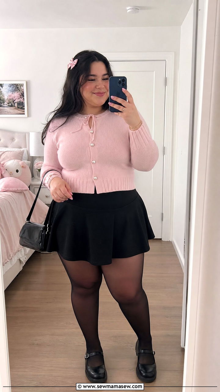 Plus Size Coquette Cardigan Top With Mini Skirt - 20 plus size coquette top outfit ideas