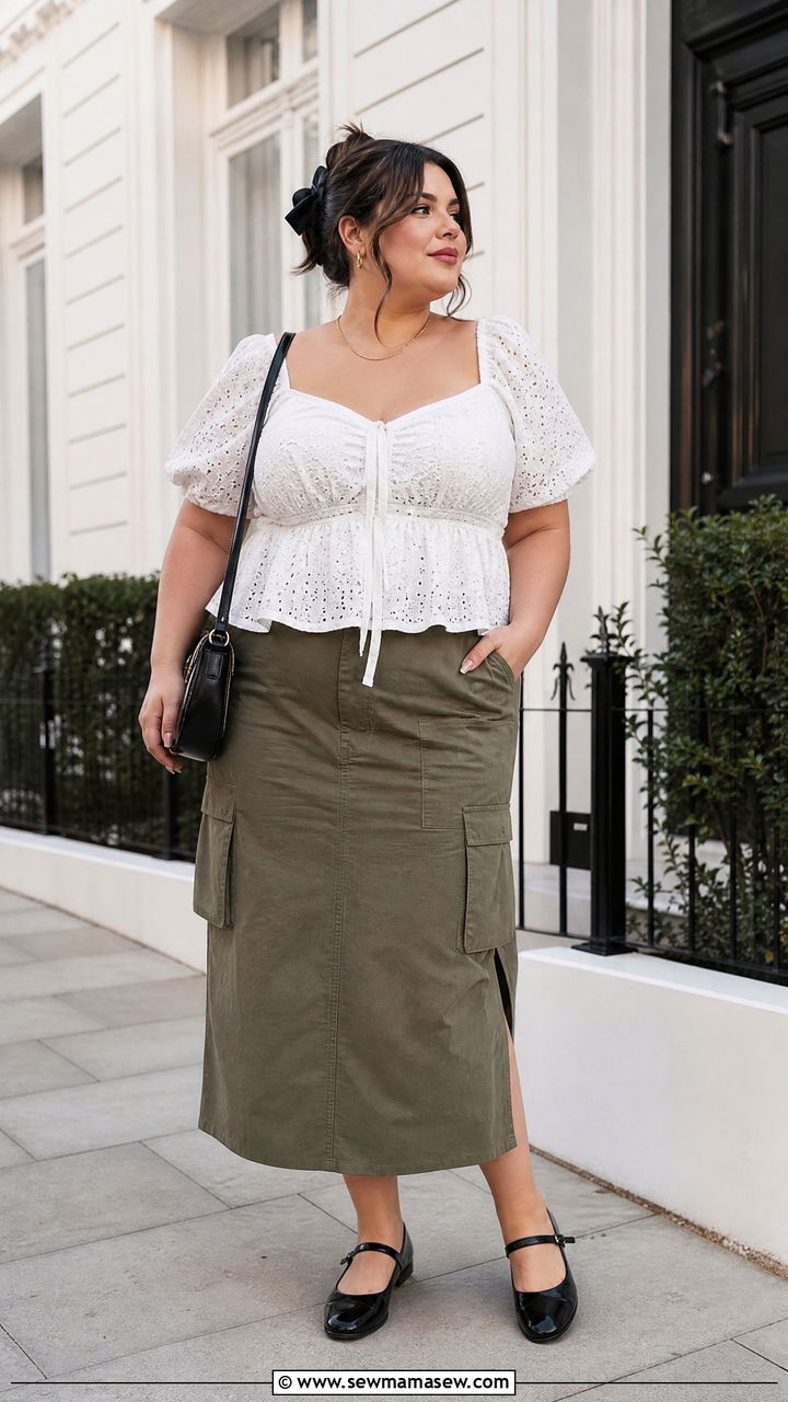 Plus Size Coquette Eyelet Top With Cargo Skirt - 20 plus size coquette top outfit ideas