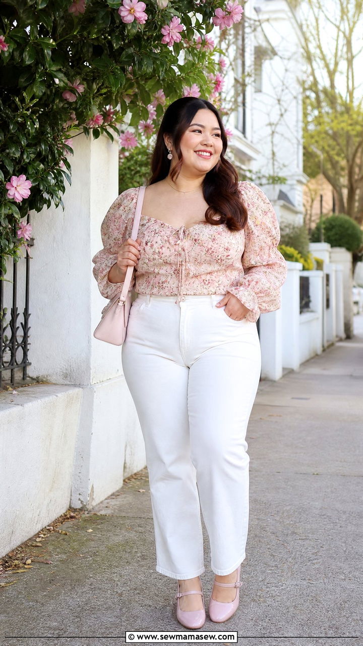Plus Size Coquette Floral Top With White Jeans - 20 plus size coquette top outfit ideas