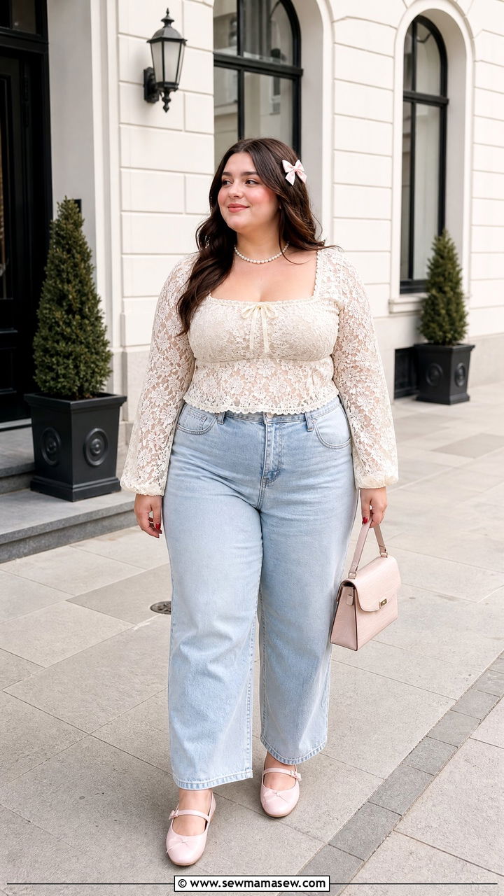 Plus Size Coquette Lace Top With Wide Leg Jeans - 20 plus size coquette top outfit ideas
