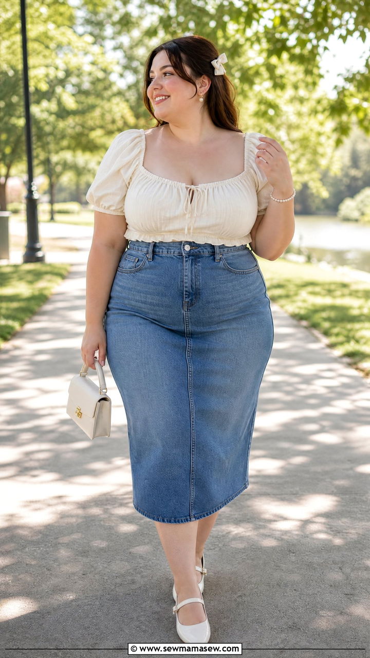 Plus Size Coquette Milkmaid Top With Denim Skirt - 20 plus size coquette top outfit ideas