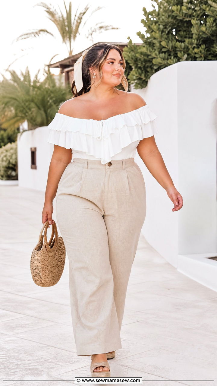 Plus Size Coquette Off Shoulder Top With Linen Pants - 20 plus size coquette top outfit ideas