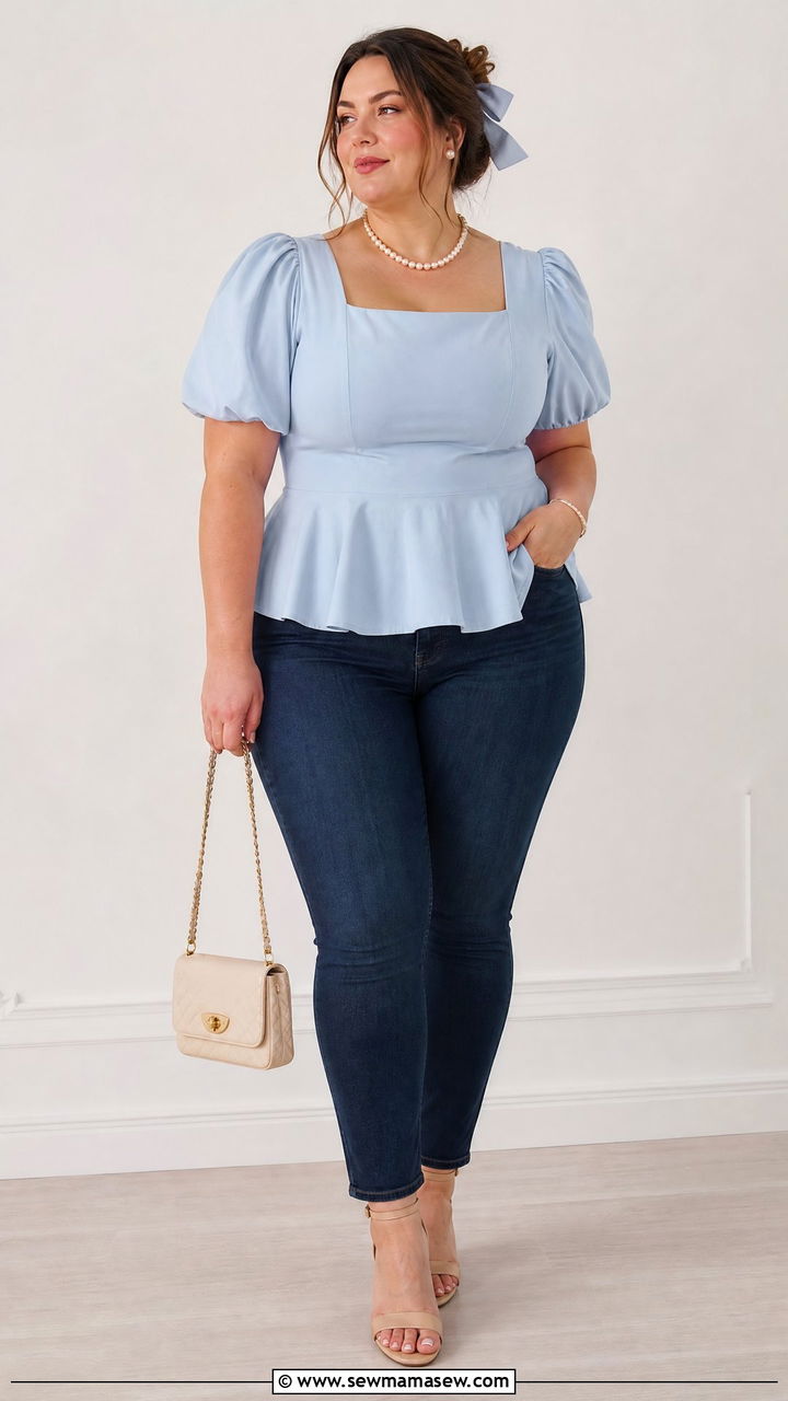 Plus Size Coquette Peplum Top With Skinny Jeans - 20 plus size coquette top outfit ideas
