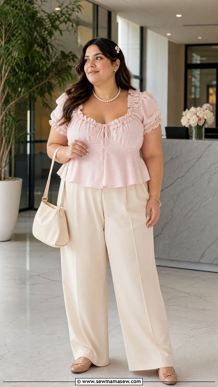 Plus Size Coquette Pink Top With Cream Trousers - 20 plus size coquette top outfit ideas
