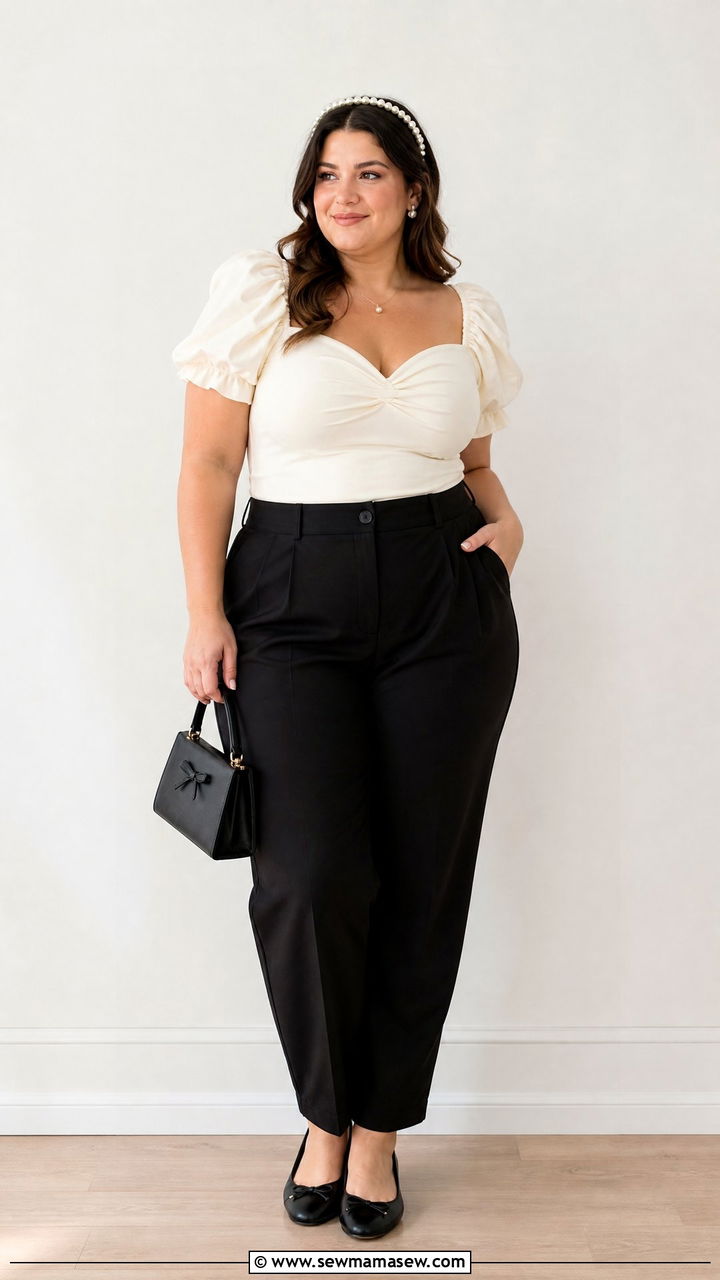 Plus Size Coquette Puff Sleeve Top With Black Trousers - 20 plus size coquette top outfit ideas