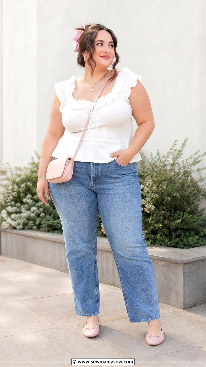 Plus Size Coquette Ruffle Top With Straight Leg Jeans - 20 plus size coquette top outfit ideas