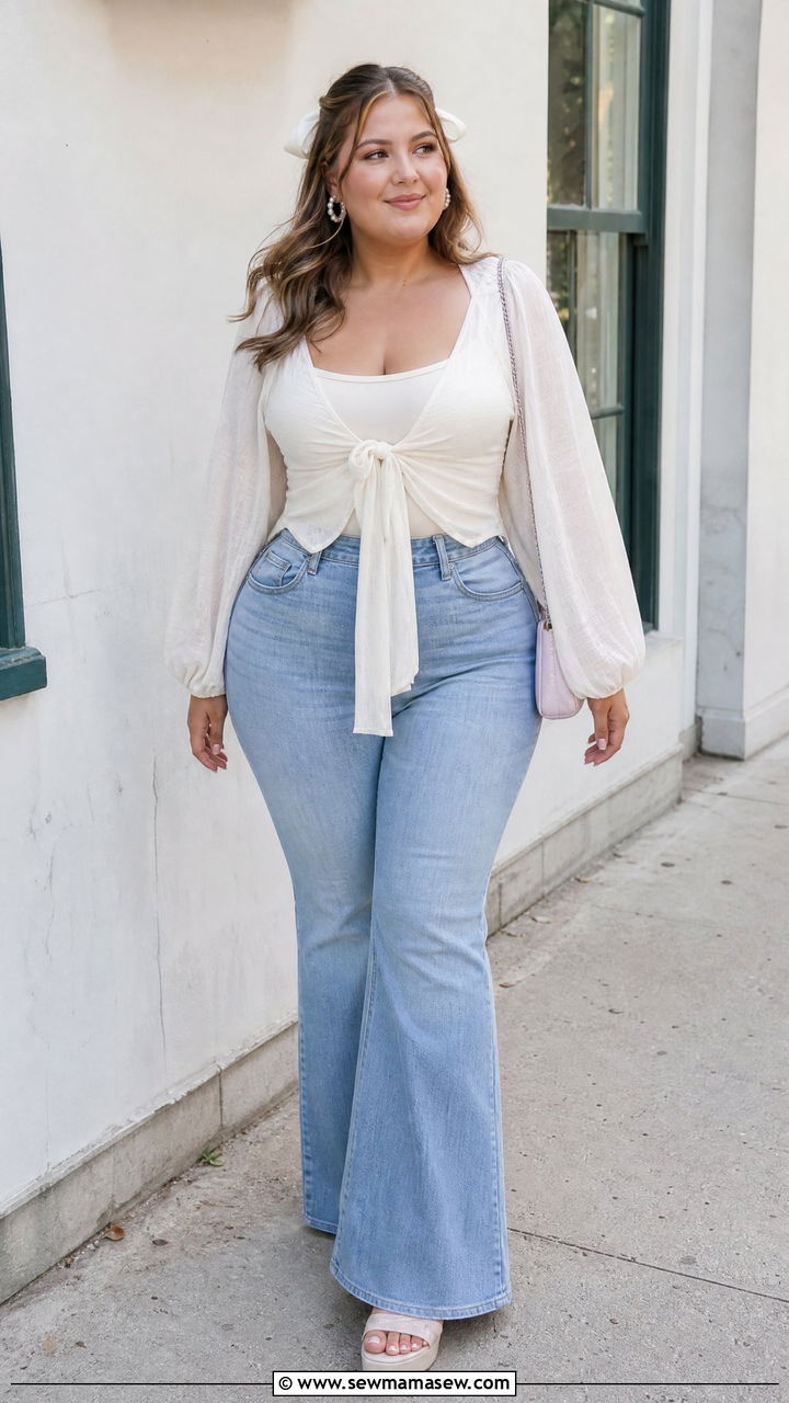 Plus Size Coquette Tie Front Top With Flare Jeans - 20 plus size coquette top outfit ideas