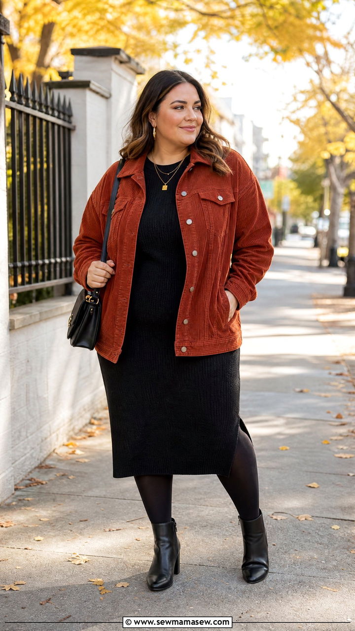 Plus Size Corduroy Jacket With Midi Dress Outfit - 20 plus size layered fall outfit ideas